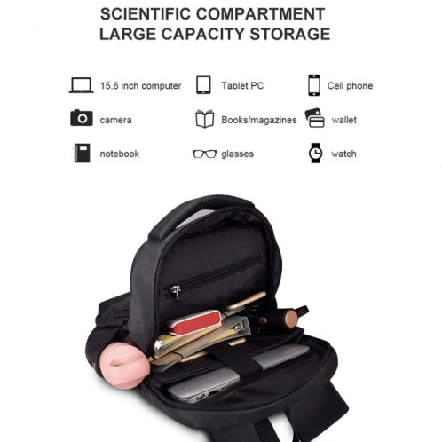 Sac à dos imperméable en polyester pour ordinateur portable pour ordinateurs portables de moins de 15 pouces, avec sangle de chariot à interface USB (noir) SH952B334-08