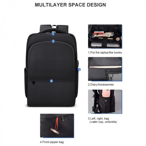 Sac à dos imperméable en polyester pour ordinateur portable pour ordinateurs portables de moins de 15 pouces, avec sangle de chariot à interface USB (noir) SH952B334-08