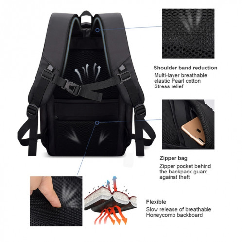 Sac à dos imperméable en polyester pour ordinateur portable pour ordinateurs portables de moins de 15 pouces, avec sangle de chariot à interface USB (noir) SH952B334-08