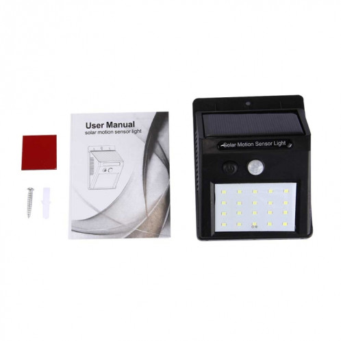 Lumière solaire extérieure avec sonde de mouvement, lumière blanche, 20 LED, pour la cour / jardin / maison / allée / escaliers / mur extérieur (noir) SH053B1127-012
