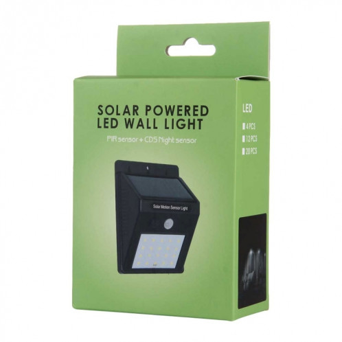 Lumière solaire extérieure avec sonde de mouvement, lumière blanche, 20 LED, pour la cour / jardin / maison / allée / escaliers / mur extérieur (noir) SH053B1127-012