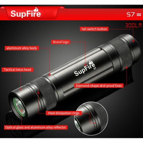 SupFire S7 CREE XPE 3W résistant à l'eau forte lampe de poche LED, mini lampe portative 300 LM avec modes fort / moyen / bas / stroboscopique / SOS pour randonnée / excursion / camping (rouge) SS82RG922-014