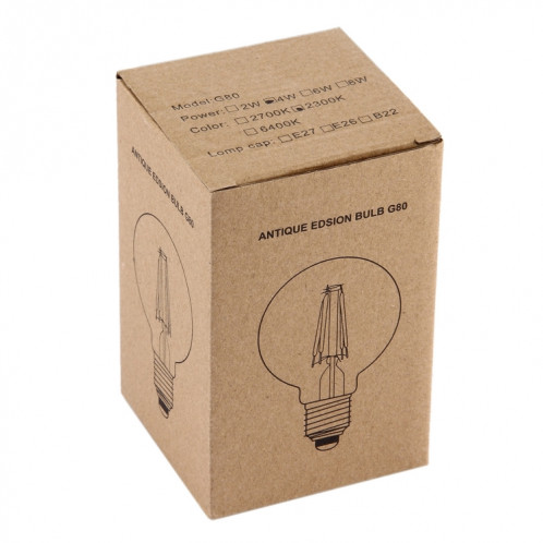 G80 E27 4W Tawny Rétro lumière LED filament blanc chaud, 4 LEDs 380 LM 2300K ampoule économie d'énergie, AC 85-265V SH64WW1880-09