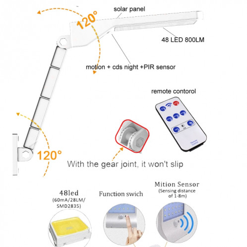 6W 800LM 48 LEDs Télécommande Flat Lamp solaire avec support SH05491384-016