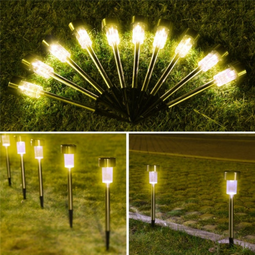 10 pièces lampe de pelouse extérieure à énergie solaire en acier inoxydable IP65 étanche LED lumière de jardin décoratif (blanc chaud) SH96WW1999-013