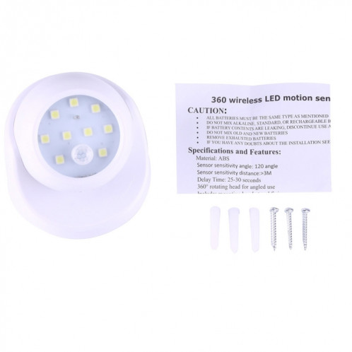 Lampe de sécurité de détecteur de mouvement PIR à lumière blanche MM3W1 3W, 9 LED 240 LM 6000K Rotation à 360 degrés Capteur de mouvement sans fil Garde-robe Lumière / Veilleuse / Applique murale pour chambre, SH40WL1029-010