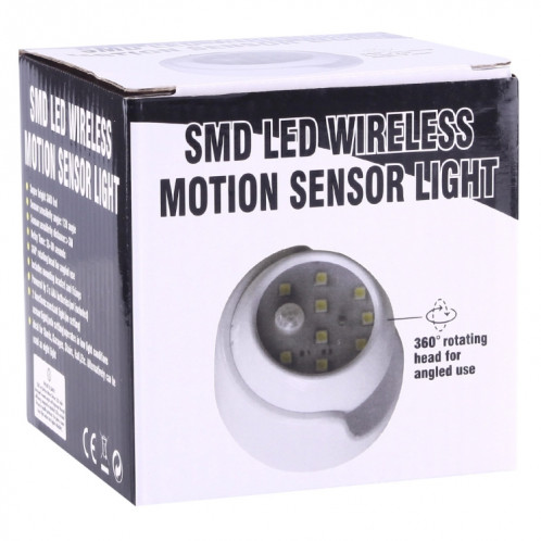 Lampe de sécurité de détecteur de mouvement PIR à lumière blanche MM3W1 3W, 9 LED 240 LM 6000K Rotation à 360 degrés Capteur de mouvement sans fil Garde-robe Lumière / Veilleuse / Applique murale pour chambre, SH40WL1029-010