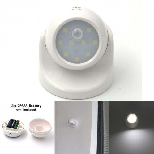 Lampe de sécurité de détecteur de mouvement PIR à lumière blanche MM3W1 3W, 9 LED 240 LM 6000K Rotation à 360 degrés Capteur de mouvement sans fil Garde-robe Lumière / Veilleuse / Applique murale pour chambre, SH40WL1029-010