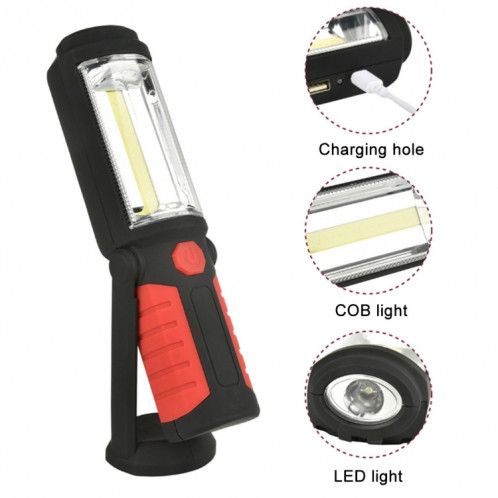 Lampe de travail étanche à la torche à lumière blanche LED PR5W-1 5W COB + 1W F8 IP43 Lampe de travail portable d'urgence à charge multi-fonctions 400 LM avec crochet pivotant magnétique et 360 degrés (Rouge) SH042R428-014