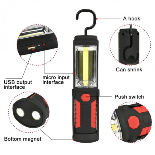 Lampe de travail étanche à la torche à lumière blanche LED PR5W-1 5W COB + 1W F8 IP43 Lampe de travail portable d'urgence à charge multi-fonctions 400 LM avec crochet pivotant magnétique et 360 degrés (Rouge) SH042R428-014