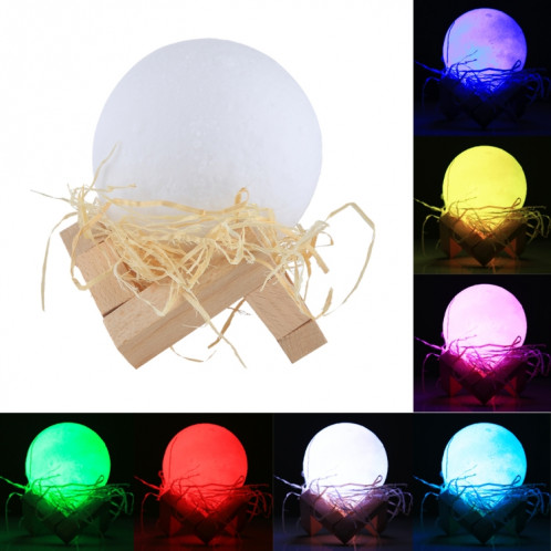 1W 3D Print Moon Lampe USB de charge Touch Control 7-couleur changeant LED Lumière de nuit économie d'énergie avec support en bois Base, Diamètre: 8cm S1203C1564-013