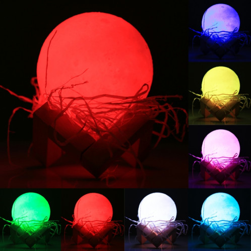 1W 3D Print Moon Lampe USB de charge Touch Control 7-couleur changeant LED Lumière de nuit économie d'énergie avec support en bois Base, Diamètre: 8cm S1203C1564-013