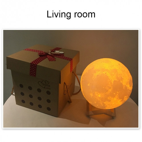 1W 3D Print Moon Lampe USB Charge Contrôle tactile Blanc + Jaune Lumière Changement de Couleur LED Nuit Économie d'énergie avec Support en Bois Base, Diamètre: 8cm S11203957-012