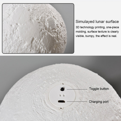 1W 3D Print Moon Lampe USB Charge Contrôle tactile Blanc + Jaune Lumière Changement de Couleur LED Nuit Économie d'énergie avec Support en Bois Base, Diamètre: 8cm S11203957-012