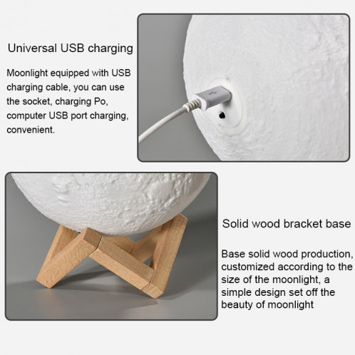 1W 3D Print Moon Lampe USB Charge Contrôle tactile Blanc + Jaune Lumière Changement de Couleur LED Nuit Économie d'énergie avec Support en Bois Base, Diamètre: 8cm S11203957-012