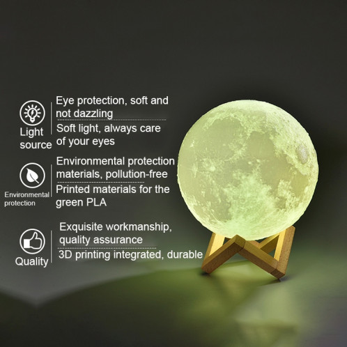 1W 3D Print Moon Lampe USB Charge Contrôle tactile Blanc + Jaune Lumière Changement de Couleur LED Nuit Économie d'énergie avec Support en Bois Base, Diamètre: 8cm S11203957-012