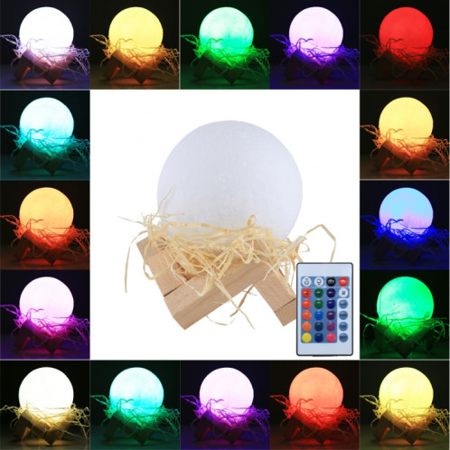 1W 3D Print Moon Lampe USB de charge de contrôle tactile 16 couleurs changeant LED Night Light économie d'énergie avec support en bois Base et télécommande, Diamètre: 8cm S112061072-014