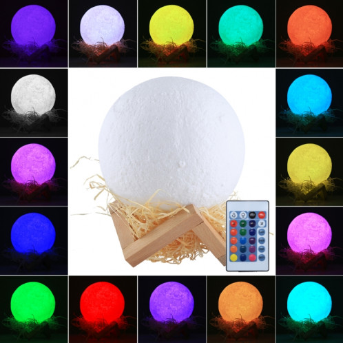 1W 3D Print Moon Lampe USB de charge Touch Control 16 couleurs changeant LED Lumière de nuit économie d'énergie avec support en bois Base et télécommande, Diamètre: 15cm S11208893-014