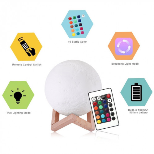 YouOKLight YK2302 3D Print Moon Lamp, Diamètre: 15cm, USB Contrôle de charge Touch Control 16-Color Dimming LED Night Light avec télécommande et support en bois SY2314686-012