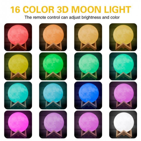 YouOKLight YK2302 3D Print Moon Lamp, Diamètre: 15cm, USB Contrôle de charge Touch Control 16-Color Dimming LED Night Light avec télécommande et support en bois SY2314686-012