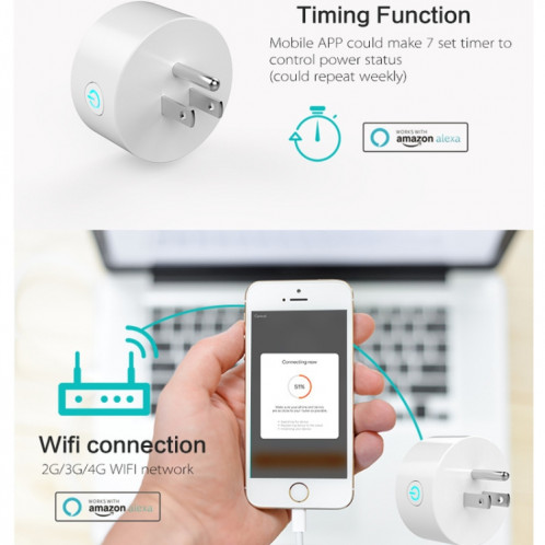 10A Forme Ronde WiFi Mini Plug APP Télécommande Timing Smart Socket Fonctionne avec Alexa et Google Accueil, AC 100-240 V, US Plug S135061966-016