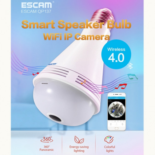 ESCAM QP137 2MP HD 1080P 360 degrés Bluetooth haut-parleur Bluetooth IP caméra, E27, WiFi, détection de mouvement, (blanc) SE104W1716-014