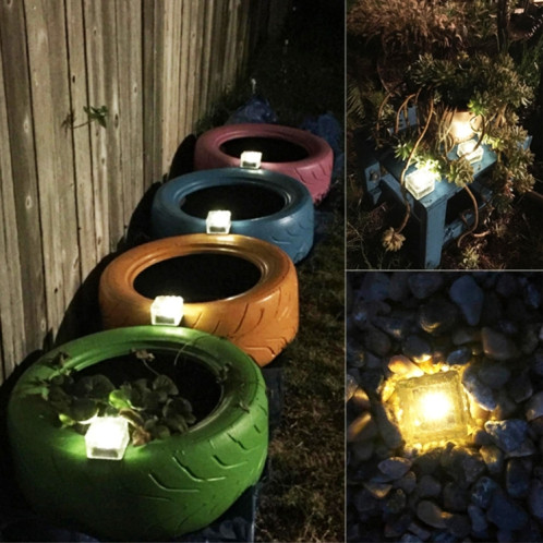 Lampe de décoration de jardin à LED extérieure en verre trempé carré à énergie solaire IP55 étanche ， Taille: 10 x 10 x 5,2 cm (lumière bleue) SH06BL1003-012