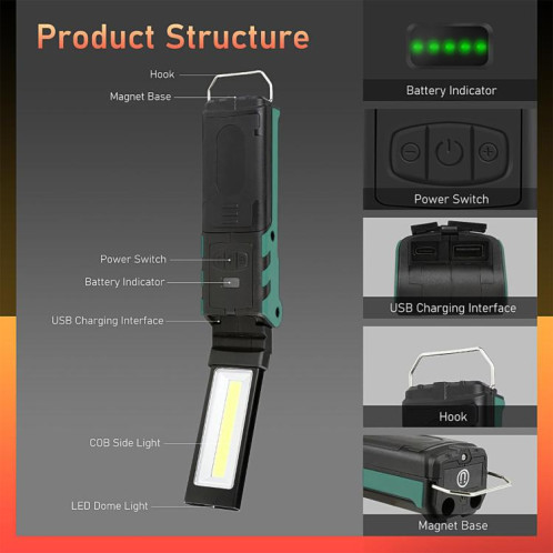 Lampe de travail COB étanche IP44 ES106, lampe de poche d'urgence rechargeable par USB SH521086-012