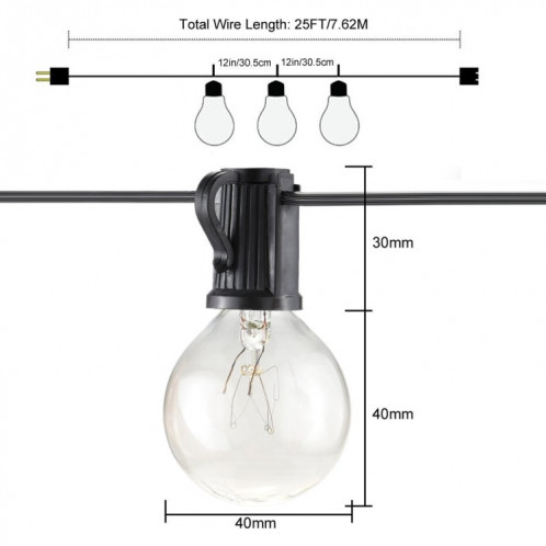 G40-EU-25 G40 7.6m 175W E14 IP44 Étanche Filament Rétro Ampoule Étanche, Lampe Décorative à 25 Ampoules LED pour Jardin, Ingénierie, Bar, Fête, Mariage, AC 220V, Prise UE (Blanc Chaud) SH32WW470-09