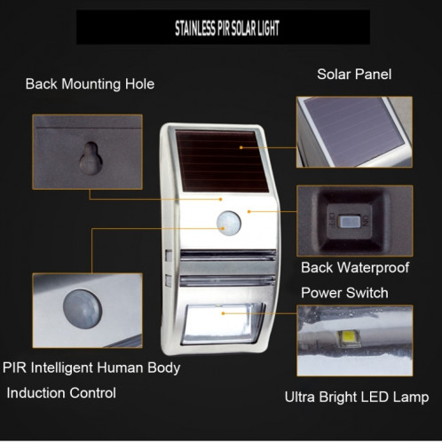 LAMPZOOE CL-102 0.2W lumière blanche capteur PIR lumière solaire, 80 LM 6000-6500K lumière murale extérieure avec 5V 0.5W panneau solaire (noir) SL652B249-010