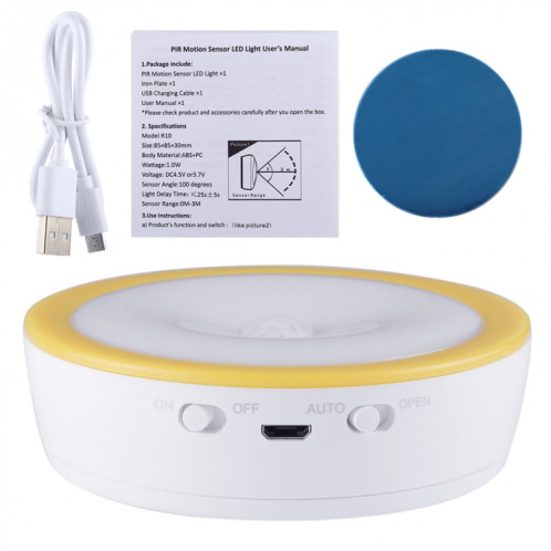 R10 USB de charge LED capteur PIR Night Light, 4000K d'urgence Lampe Cabinet, Capteur Distance: environ 3m, DC 4.5V (Jaune) SH850Y1653-012