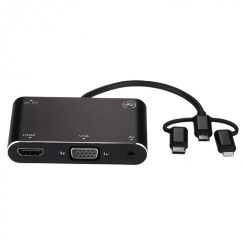 3 en 1 8 broches + Micro USB + Type-C vers AV + HDMI + VGA 15 broches convertisseur d'adaptateur de lecteur d'écran HD avec audio SH65151954-012