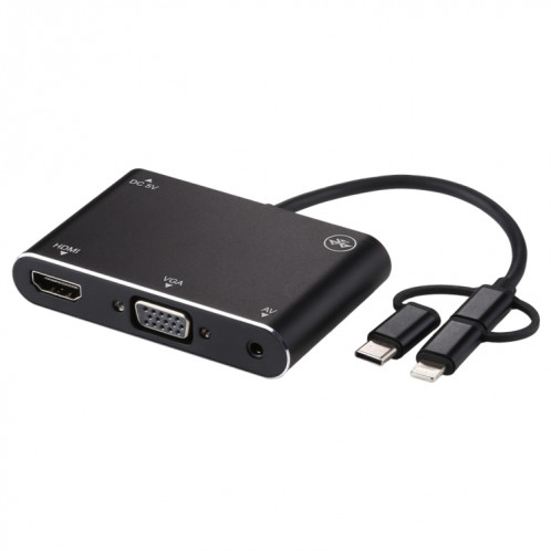 3 en 1 8 broches + Micro USB + Type-C vers AV + HDMI + VGA 15 broches convertisseur d'adaptateur de lecteur d'écran HD avec audio SH65151954-012