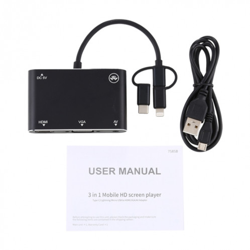 3 en 1 8 broches + Micro USB + Type-C vers AV + HDMI + VGA 15 broches convertisseur d'adaptateur de lecteur d'écran HD avec audio SH65151954-012