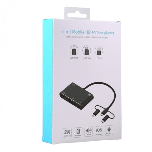 3 en 1 8 broches + Micro USB + Type-C vers AV + HDMI + VGA 15 broches convertisseur d'adaptateur de lecteur d'écran HD avec audio SH65151954-012