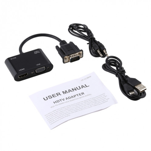 Convertisseur adaptateur 2 en 1 VGA vers HDMI + VGA 15 broches HDTV avec audio SH65161459-011