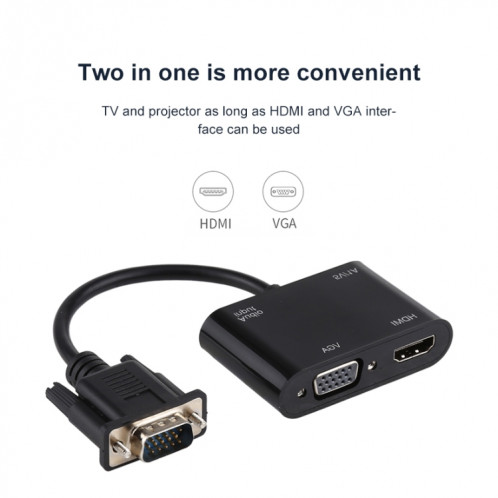 Convertisseur adaptateur 2 en 1 VGA vers HDMI + VGA 15 broches HDTV avec audio SH65161459-011