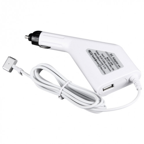 60W 16.5V 3.65A 5 broches T style MagSafe 2 chargeur de voiture avec 1 port USB pour Apple Macbook A1465 / A1502 / A1435 / MD212 / MD2123 / MD662, longueur: 1,7 m (blanc) SH383W1525-06