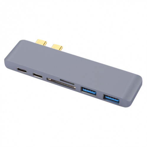 6 en 1 multi-fonction en alliage d'aluminium 5Gbps taux de transfert double adaptateur USB-C / Type-C HUB avec 2 ports USB 3.0 et 2 ports USB-C / Type-C et fente pour carte SD et fente pour carte TF pour Macbook SH711H1190-09