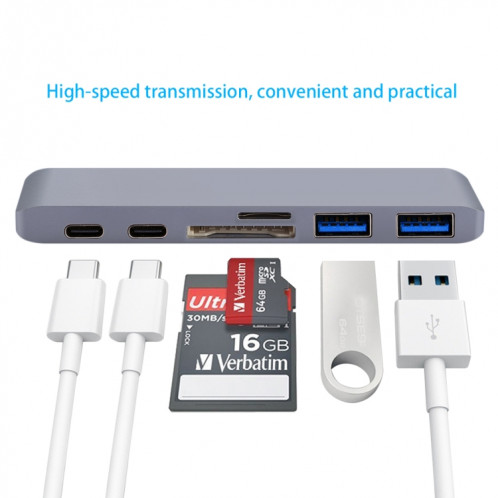 6 en 1 multi-fonction en alliage d'aluminium 5Gbps taux de transfert double adaptateur USB-C / Type-C HUB avec 2 ports USB 3.0 et 2 ports USB-C / Type-C et fente pour carte SD et fente pour carte TF pour Macbook SH711H1190-09
