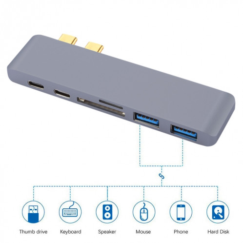 6 en 1 multi-fonction en alliage d'aluminium 5Gbps taux de transfert double adaptateur USB-C / Type-C HUB avec 2 ports USB 3.0 et 2 ports USB-C / Type-C et fente pour carte SD et fente pour carte TF pour Macbook SH711H1190-09