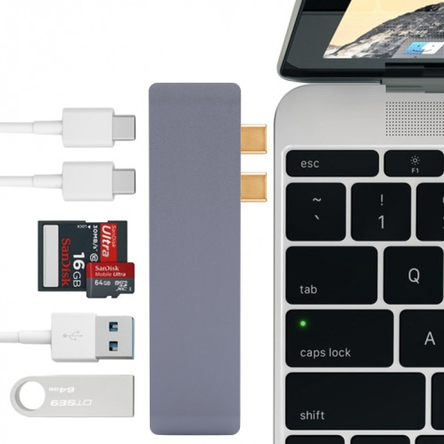 6 en 1 multi-fonction en alliage d'aluminium 5Gbps taux de transfert double adaptateur USB-C / Type-C HUB avec 2 ports USB 3.0 et 2 ports USB-C / Type-C et fente pour carte SD et fente pour carte TF pour Macbook SH711H1190-09