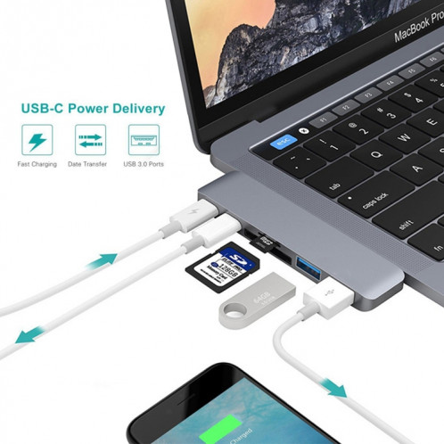 6 en 1 multi-fonction en alliage d'aluminium 5Gbps taux de transfert double adaptateur USB-C / Type-C HUB avec 2 ports USB 3.0 et 2 ports USB-C / Type-C et fente pour carte SD et fente pour carte TF pour Macbook SH711H1190-09