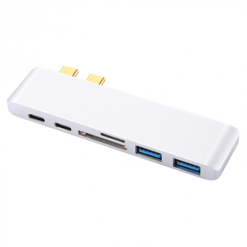 6 en 1 multi-fonction en alliage d'aluminium 5Gbps taux de transfert double adaptateur USB-C / Type-C HUB avec 2 ports USB 3.0 et 2 ports USB-C / Type-C et fente pour carte SD et fente pour carte TF pour Macbook SH711S465-09