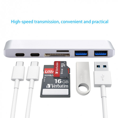 6 en 1 multi-fonction en alliage d'aluminium 5Gbps taux de transfert double adaptateur USB-C / Type-C HUB avec 2 ports USB 3.0 et 2 ports USB-C / Type-C et fente pour carte SD et fente pour carte TF pour Macbook SH711S465-09