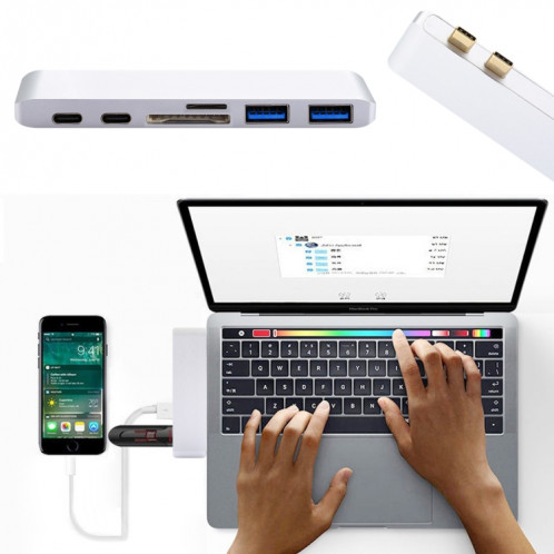 6 en 1 multi-fonction en alliage d'aluminium 5Gbps taux de transfert double adaptateur USB-C / Type-C HUB avec 2 ports USB 3.0 et 2 ports USB-C / Type-C et fente pour carte SD et fente pour carte TF pour Macbook SH711S465-09