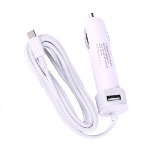 36W 5V 9V 12V 15V 3A DC USB-C / Type-C adaptateur de voiture avec 1 port USB pour Apple Macbook A1534, longueur: 2m (blanc) SH211W313-05