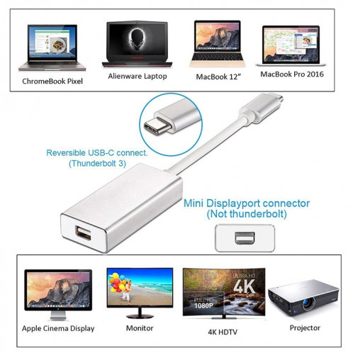 15cm 4Kx2K 60Hz USB-C / Type-C 3.1 Mâle vers Mini Adaptateur DisplayPort Femelle pour MacBook 12 pouces, Chromebook Pixel 2015 Tablet PC (Argent) SH815S1537-09