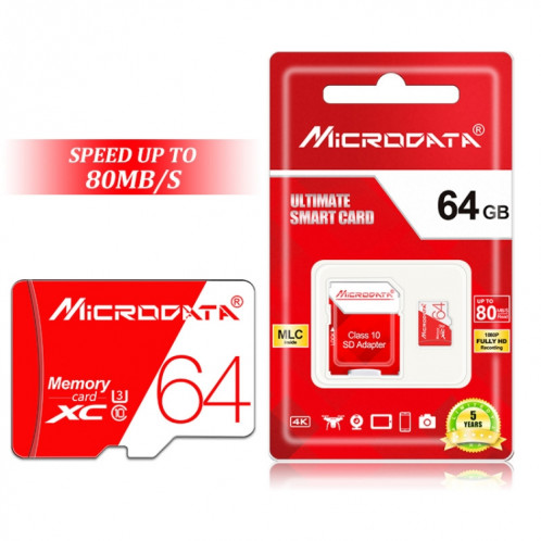 Carte mémoire MICRODATA 64 Go haute vitesse U3 rouge et blanche TF (Micro SD) SH57521388-012