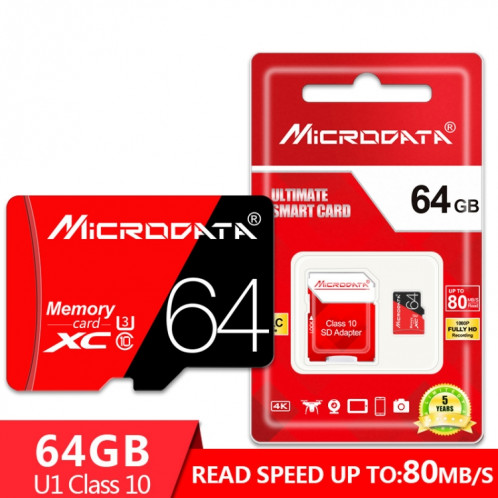 Carte mémoire MICRODATA 64 Go haute vitesse U3 rouge et noire TF (Micro SD) SH5756256-010